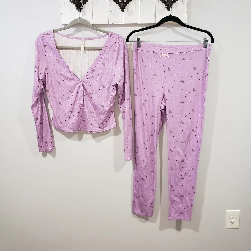For Love & Lemons Pointelle Pajama Set Womens L Pink Floral Long Sleeve Lounge